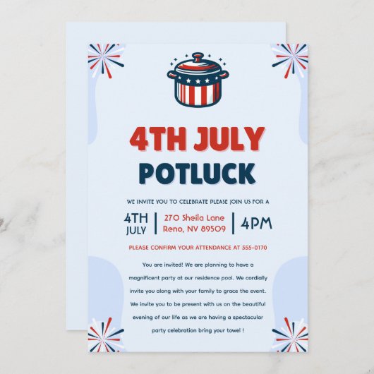 Juli Potluck Party Einladung (Vorne/Hinten)