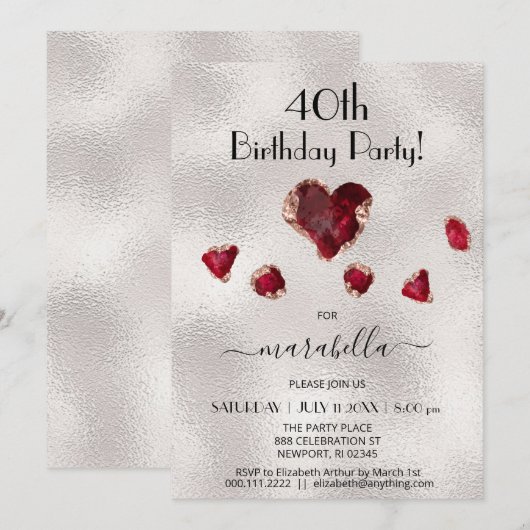 *~* JULI RUBY Birthstone Herz Rose Gold Einladung (Vorne/Hinten)