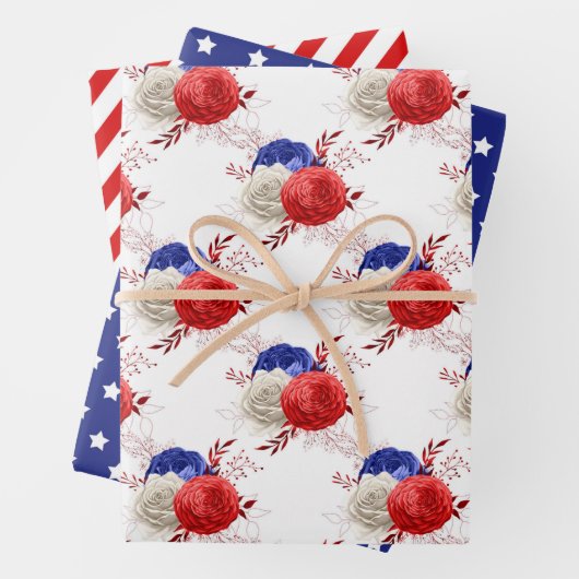 Juli Vierte Sterne Streifen Blumenrot Blau Geschenkpapier Set (Beispiel)
