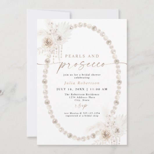 JULIA Boho Floral Pearls & Prosecco Brautparty Einladung (Vorderseite)