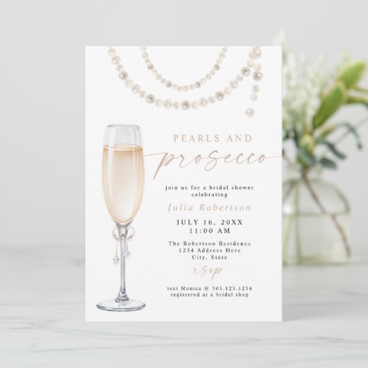JULIA Boho Floral Pearls & Prosecco Brautparty Einladung (Stehend Vorderseite)