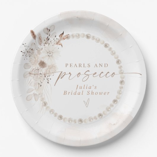 JULIA Boho Floral Pearls & Prosecco Brautparty Pappteller (Vorderseite)
