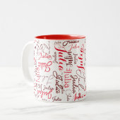 Julia Custom Red Script Name wiederholt sich übera Zweifarbige Tasse (Vorderseite Links)