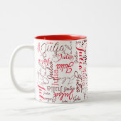 Julia Custom Red Script Name wiederholt sich übera Zweifarbige Tasse (Links)