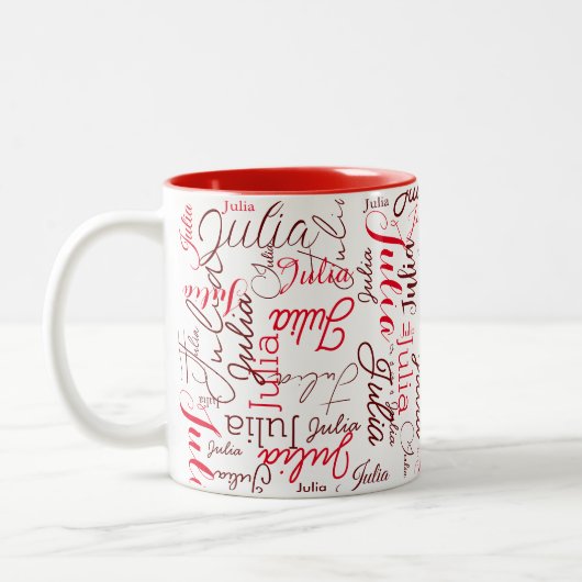 Julia Custom Red Script Name wiederholt sich übera Zweifarbige Tasse (Links)