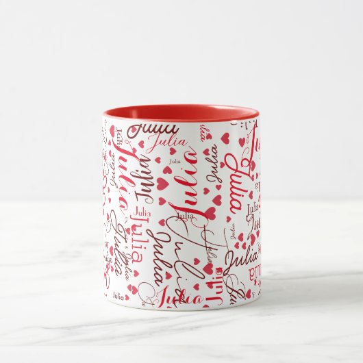 Julia Custom Script Name + Red Hearts Romantic Tasse (Zentrum)