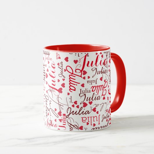 Julia Custom Script Name + Red Hearts Romantic Tasse (VorderseiteRechts)