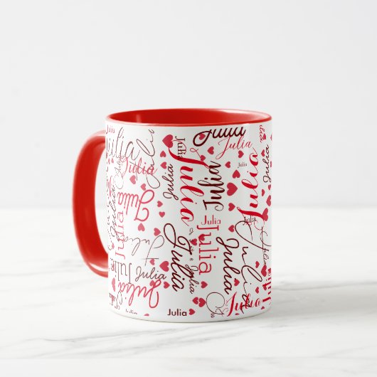 Julia Custom Script Name + Red Hearts Romantic Tasse (Vorderseite Links)