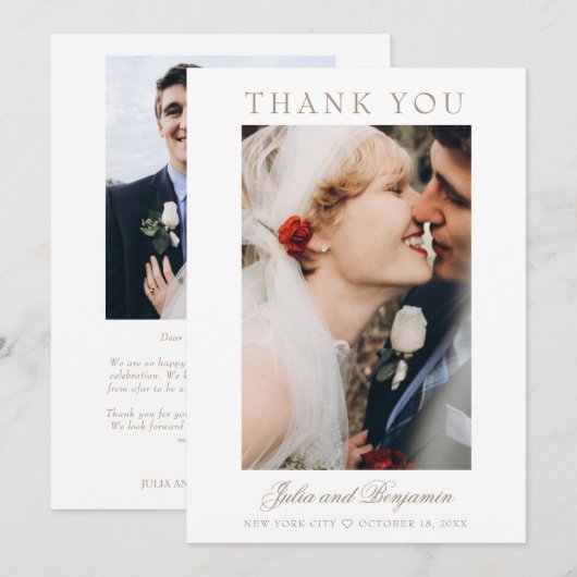 Julia Simple Gold Script 2 Foto Wedding Dankeskarte (Vorne/Hinten)