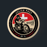Julier Pass | Schweiz | Motorrad Button<br><div class="desc">Julier Pass in einem Vintagen,  bedrückten Stilemblem gemacht. Es ist ein berühmter Hochgebirgspass,  der in der Schweiz gefunden wurde.</div>