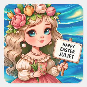 JULIET ~ HAPPY EASTER ~ Blume ~ Quadratischer Aufkleber