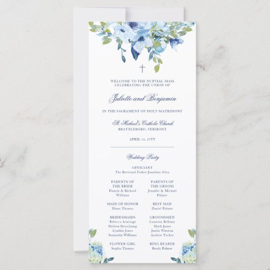 Juliette Blue Floral Catholic Wedding Program Mass (Vorderseite)