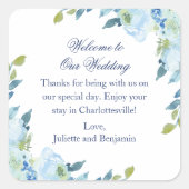 Juliette Blue Hotel Gäste Wedding Welcome Bag Quadratischer Aufkleber (Vorderseite)