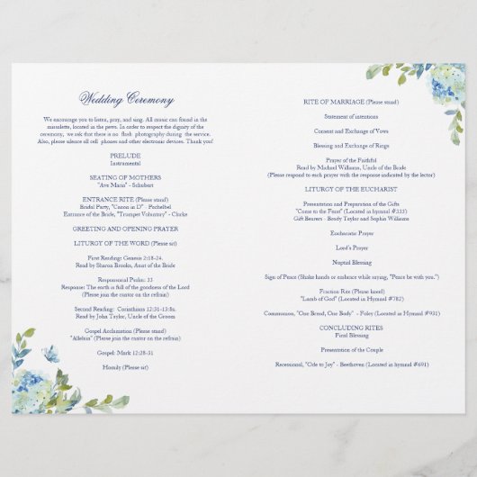 Juliette Catholic Wedding Mass Zeremony Program (Rückseite)