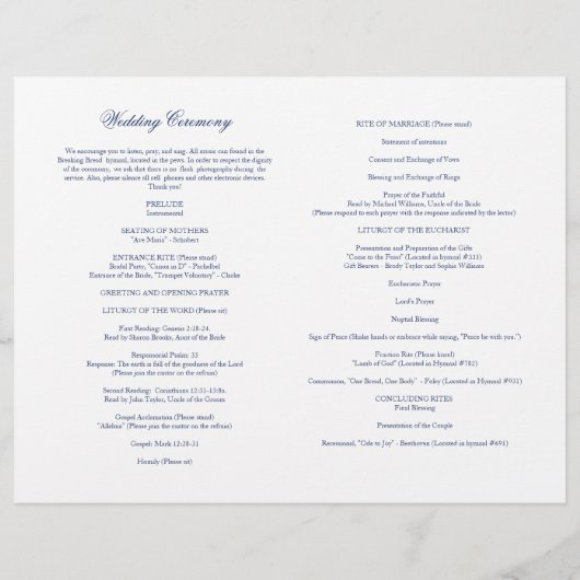 Juliette Catholic Wedding Zeremony Mass Program (Rückseite)