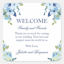 Juliette Dusty Blue Floral Wedding Welcome Bag Quadratischer Aufkleber