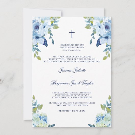 Juliette Floral Dusty Blue Katholic Wedding Einladung (Vorderseite)