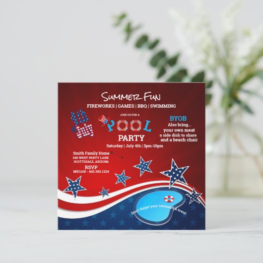 July 4th Pool Party BBQ Fireworks Invitation Einladung (Stehend Vorderseite)