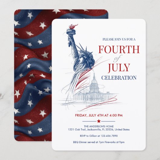 July 4th USA Flag & Statue of Liberty Illustration Einladung (Vorne/Hinten)