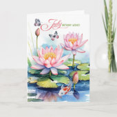 July Birthday Pink Waterlilies and Koi Fish Karte (Vorderseite)
