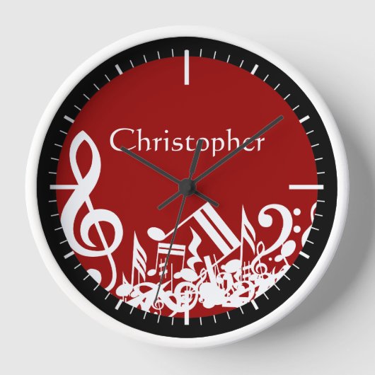 Jumbled Musical Notes White on Red Wanduhr (Vorderseite)