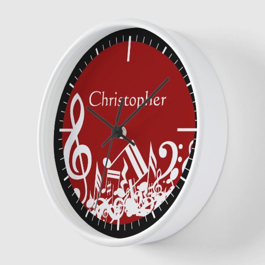 Jumbled Musical Notes White on Red Wanduhr (Winkel)
