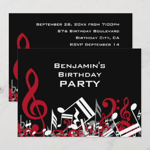 Jumbled Musiknotens Red Gray White Geburtstagspart Einladung