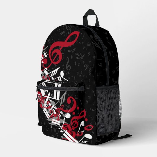 Jumbled Musiknotens Rot Grau und Weiß auf Schwarz Bedruckter Rucksack (Rückseitige Ecke Rechts)