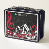 Jumbled Musiknotens Rot Grau und Weiß auf Schwarz Metall Brotdose (Rückseite)