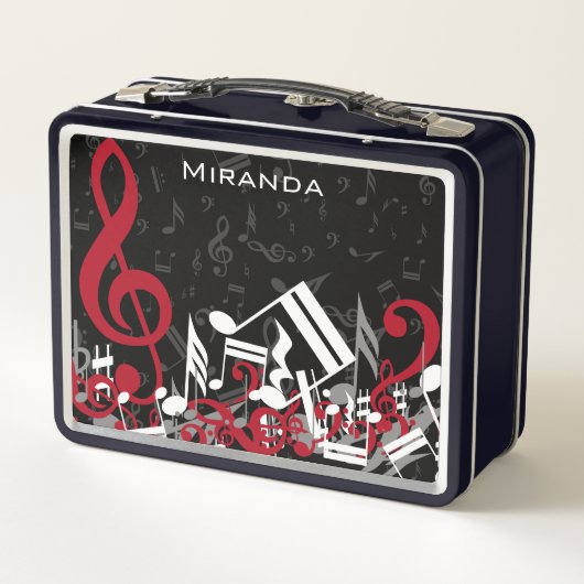 Jumbled Musiknotens Rot Grau und Weiß auf Schwarz Metall Brotdose (Rückseite)