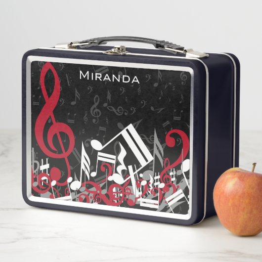 Jumbled Musiknotens Rot Grau und Weiß auf Schwarz Metall Brotdose (Beispiel)