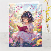 Jumbo Anime Girl Reading | Farbseite zum Geburtsta Karte (Gelbe Blume)