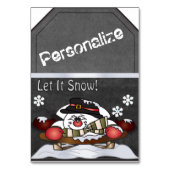 Jumbo Snowman Sleighing Chalkboard Style Geschenk Tischnummer (Vorderseite)