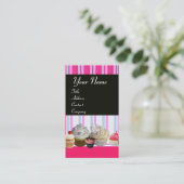 JUMMY CUPCAKES DESERT SHOP BLAUE WHITE PINK STRIPE VISITENKARTE (Stehend Vorderseite)