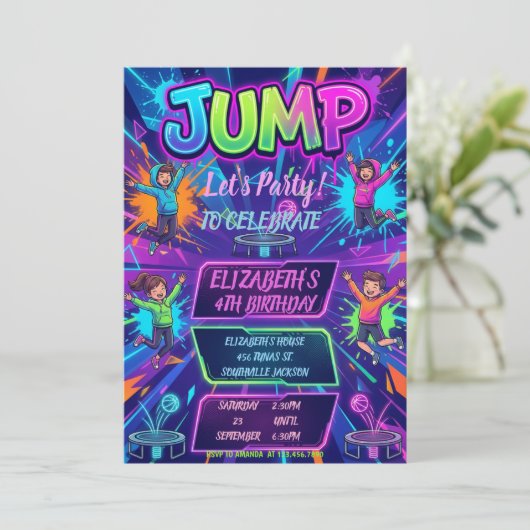 Jump Birthday Party Tie Dye Neon Glow Jump Party Einladung (Stehend Vorderseite)