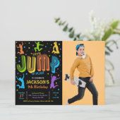 Jump Foto Birthday Trampolin Party Einladung (Stehend Vorderseite)