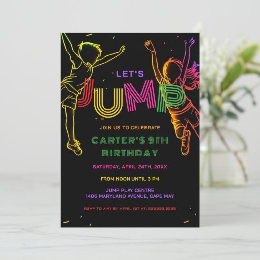 Jump Party Kindergeburtstag Einladung (Stehend Vorderseite)