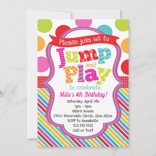 Jump & Play Polka Dot Stripe Party Einladung (Vorderseite)