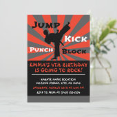 Jump Punch Kick Block Karate Party Geburtstag Einladung (Stehend Vorderseite)