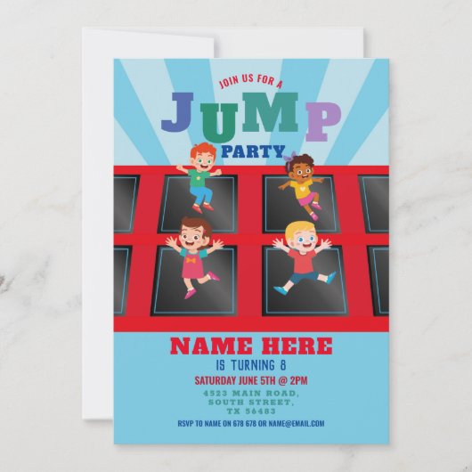 Jump Trampolin Birthday Blue Boys Einladung (Vorderseite)