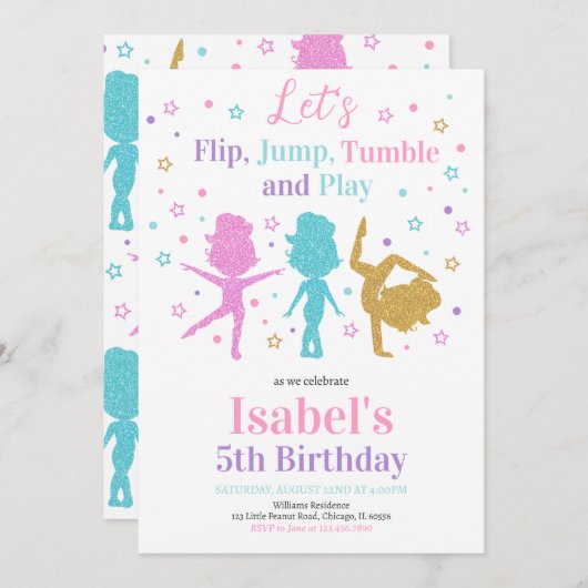 Jump Tumble Gymnastik Geburtstag Einladung (Vorne/Hinten)