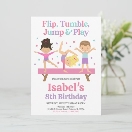 Jump Tumble Gymnastik Geburtstag Einladung (Stehend Vorderseite)