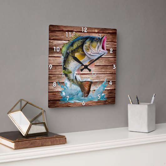 Jumping Bass Gone Fishing Quadratische Wanduhr (Büro)