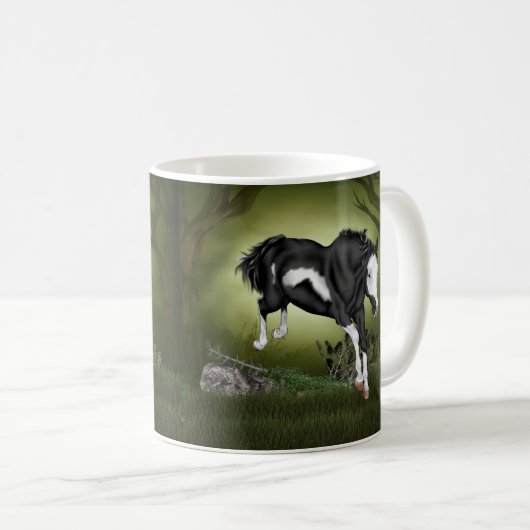 Jumping Black and White Overo Paint Horse Kaffeetasse (VorderseiteRechts)