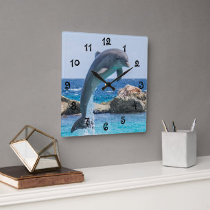 Jumping Dolphin Quadratische Wanduhr