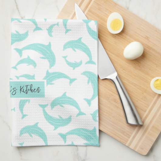 Jumping Dolphins Aqua Personalisiert Geschirrtuch (Viertel Falte)