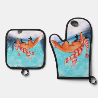 Jumping Fox Oven Mitt und Pot Holders Ofenhandschuh & Topflappen-Set