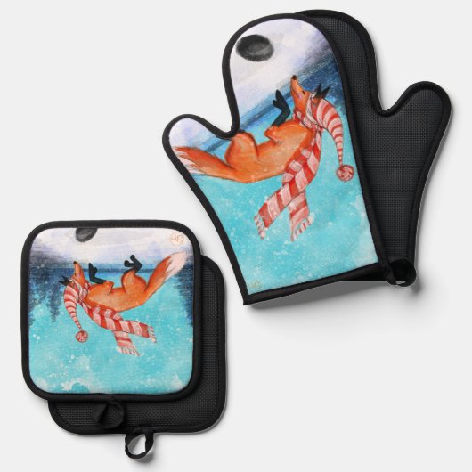 Jumping Fox Oven Mitt und Pot Holders Ofenhandschuh & Topflappen-Set (Vorderseite/Rückseite)