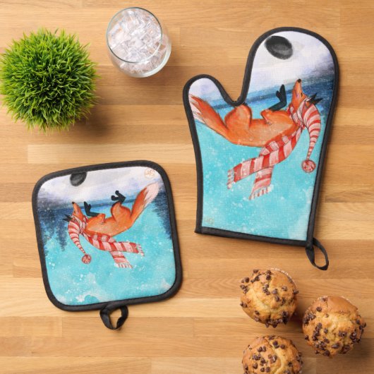 Jumping Fox Oven Mitt und Pot Holders Ofenhandschuh & Topflappen-Set (Oben Unten)