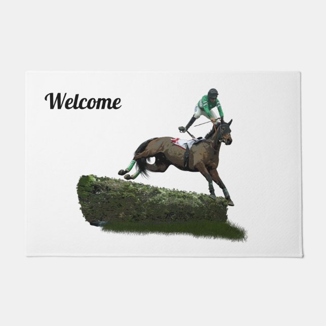 Jumping Horse Jockey in Green Door Mat Fußmatte (Vorderseite)